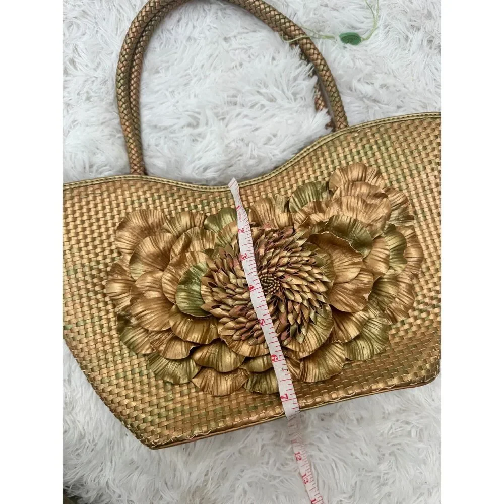Cabouchon Woven Metallic Gold Leather Tote with Oversized Flower Applique
